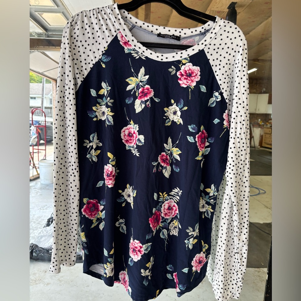 Acting Pro Navy Floral and Polka Dot Top